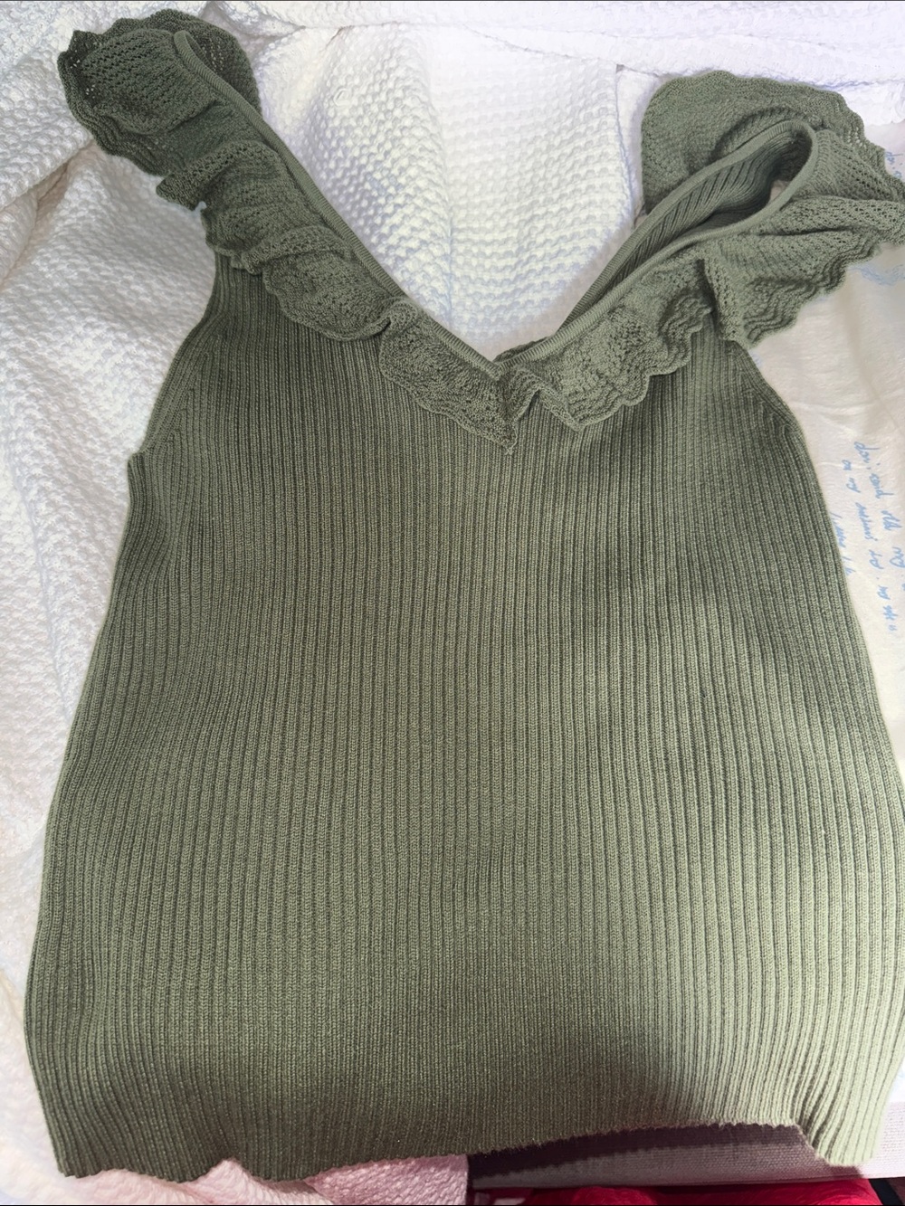 GAP Olive Ribbed V-Neck Tank with Subtle Ruffle Trim